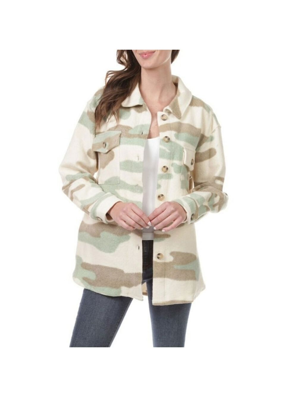 Sanctuary Camo Fleece Shacket L Beige Green